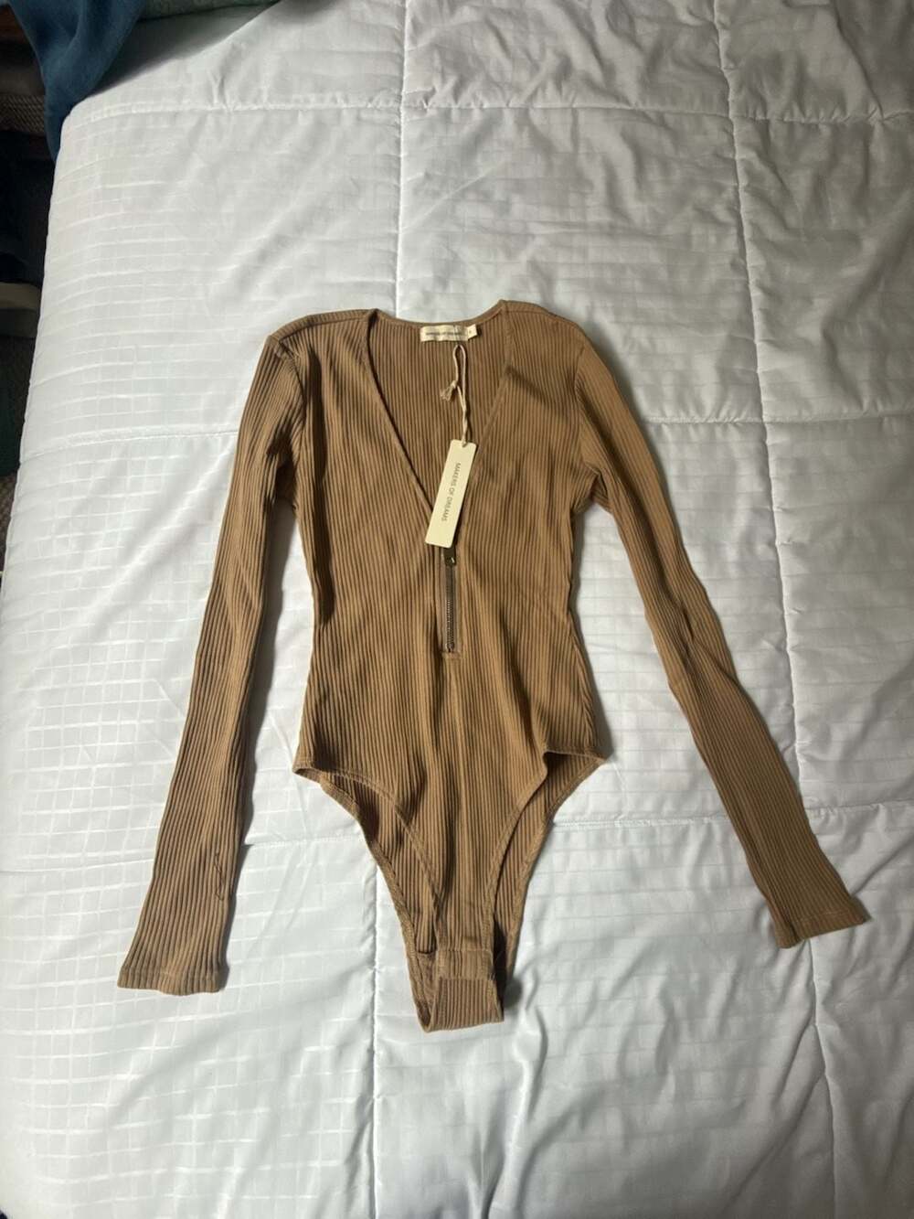Makers of Dreams Ribbed Zip Front Bodysuit Size S Brown Long Sleeve
